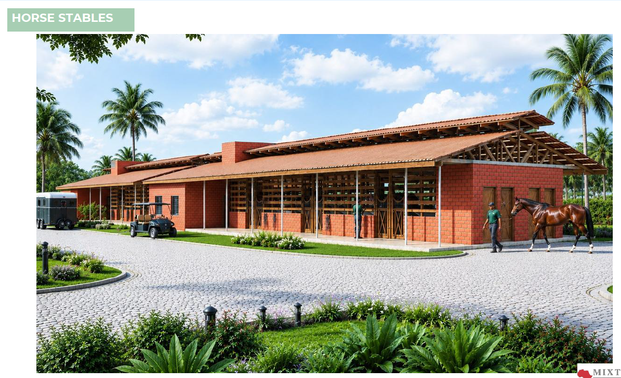 Horse Stables — red laterite brick, exposed timber trusses, cobblestone courtyard