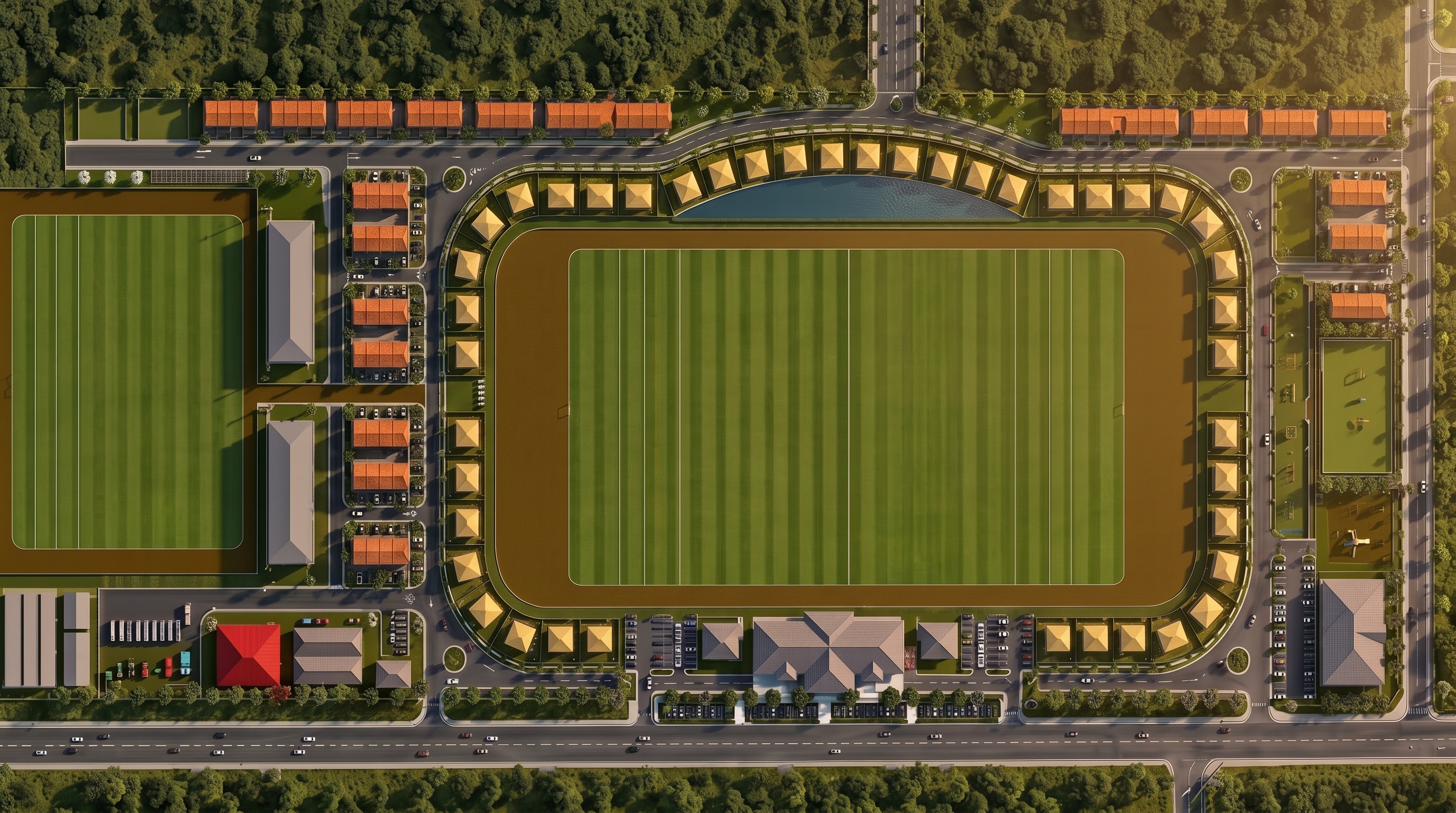 Project XIX masterplan: polo field, crescent lake, clubhouse, premium villas, training field, stables and paddock.